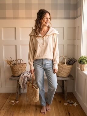Varley Ivory Half-Zip Funnel Sweatshirt Large